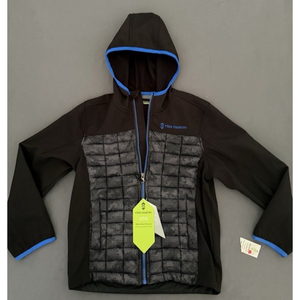 Free Country Softshell Jacket Boy Size Small 8 Black Blue Quilted Digi Camo NEW!